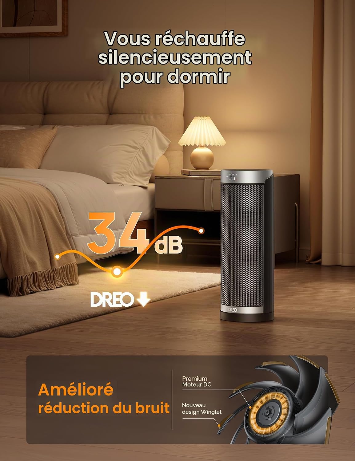 Dreo Solaris Slim H3 illustrant son fonctionnement silencieux pour une utilisation nocturne