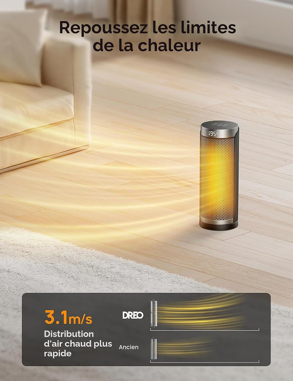 Dreo Solaris Slim H3 en fonctionnement dans un salon avec ses principaux avantages