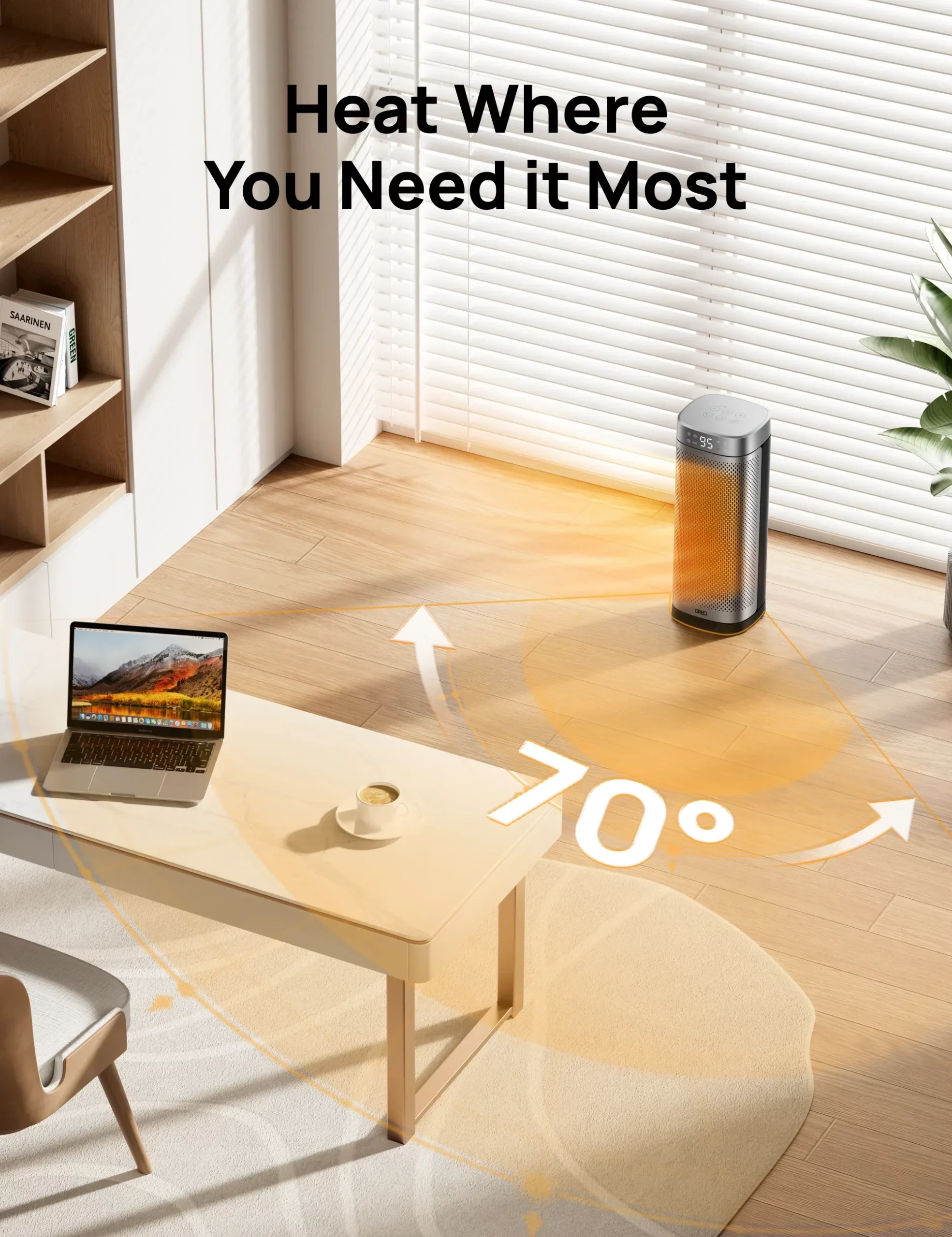 Dreo Solaris Slim H2 en fonctionnement dans un salon