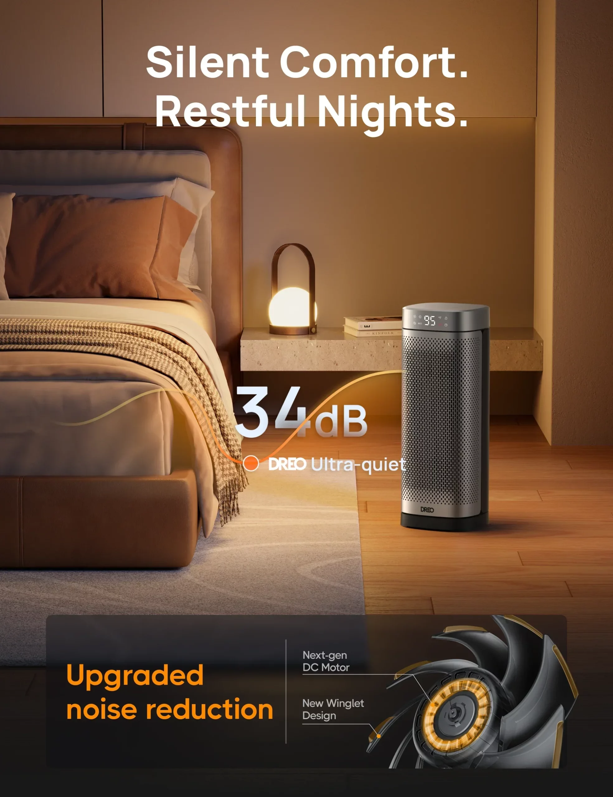 Dreo Solaris Slim H2 utilisé la nuit dans une chambre pour son fonctionnement silencieux