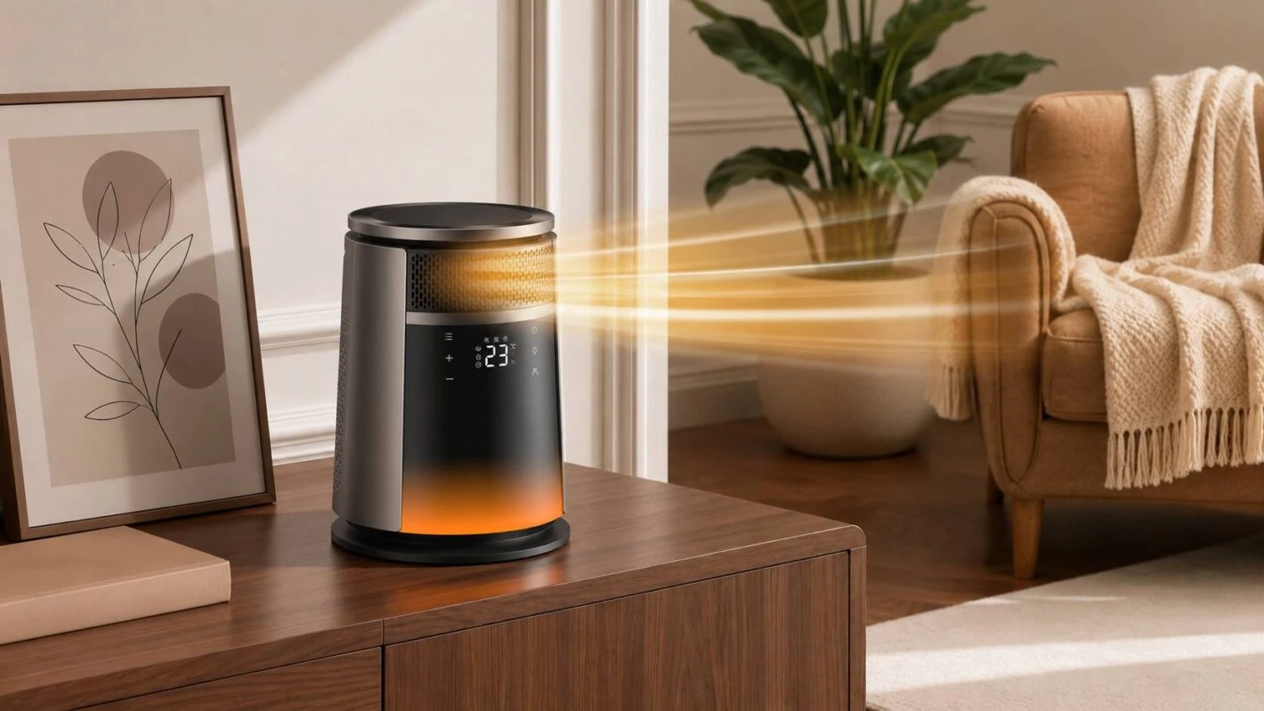 Dreo 720S en mode chaleur ciblée soufflant de l'air chaud vers un fauteuil de salon
