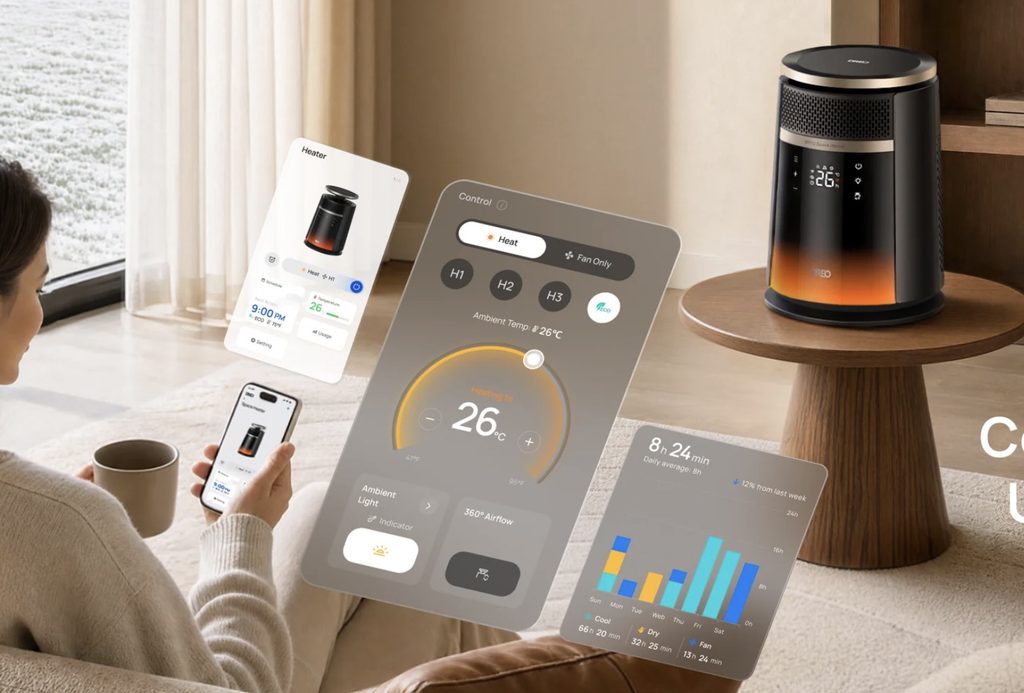 Application Dreo pilotant le chauffage 720S depuis un smartphone : mode chauffage, température et diffusion 360°
