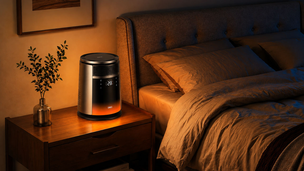 Dreo 720S posé sur une table de chevet dans une chambre, éclairage ambiant orange allumé
