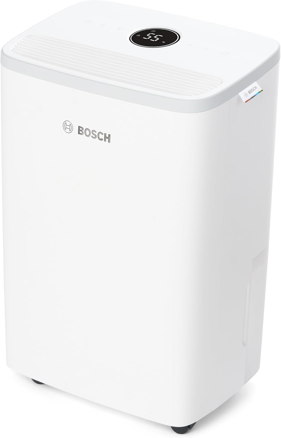 Déshumidificateur à compresseur Bosch Dry 2000 blanc avec écran tactile et anneau lumineux sur le dessus