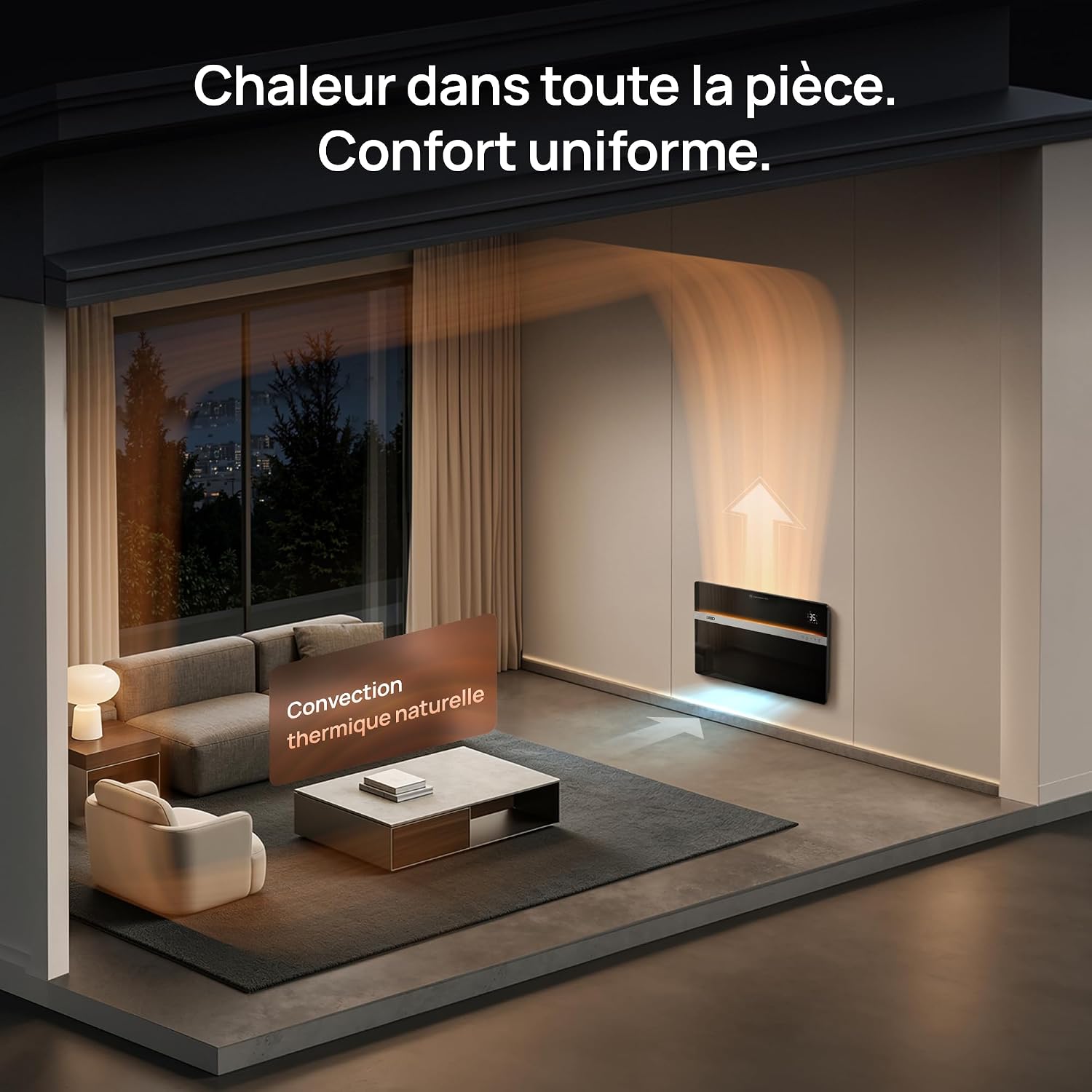 Schéma de la convection naturelle du Dreo 711S : l'air froid entre par le bas et l'air chaud monte et se répartit dans le salon