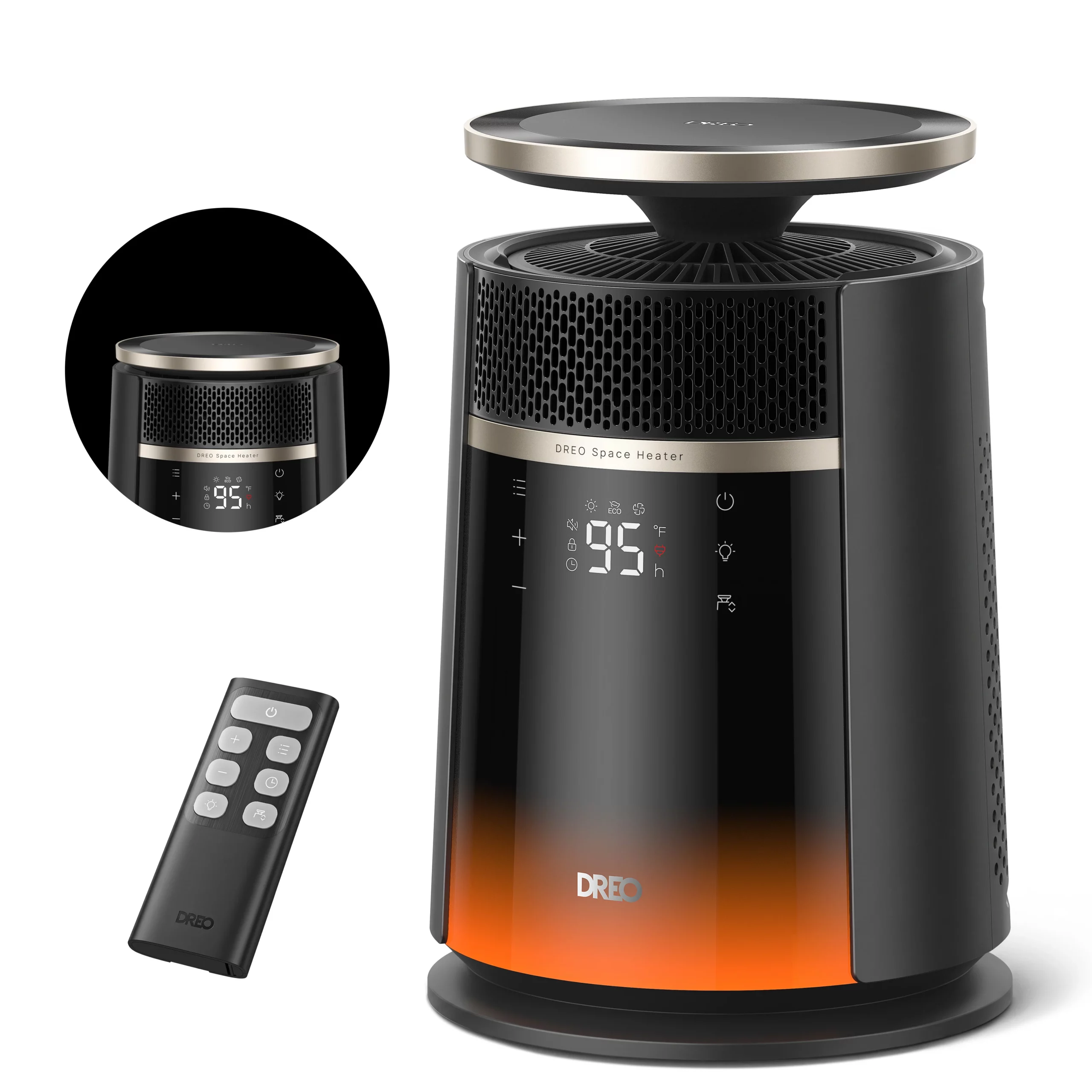 Chauffage d'appoint Dreo 720S noir et cuivre avec écran tactile et éclairage d'ambiance orange